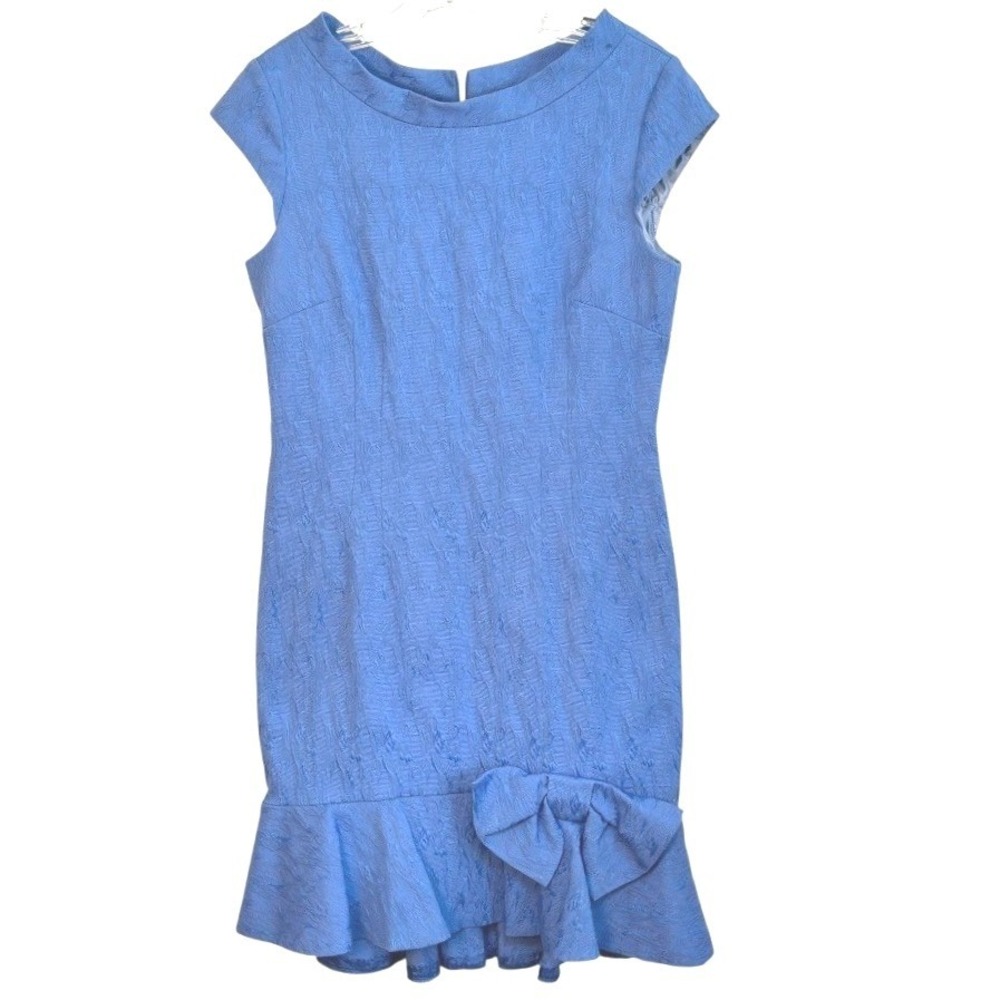 Sara Campbell Sheath Dress Blue Jacquard Bow Flounce Hem Elegant USA Made‎ 12